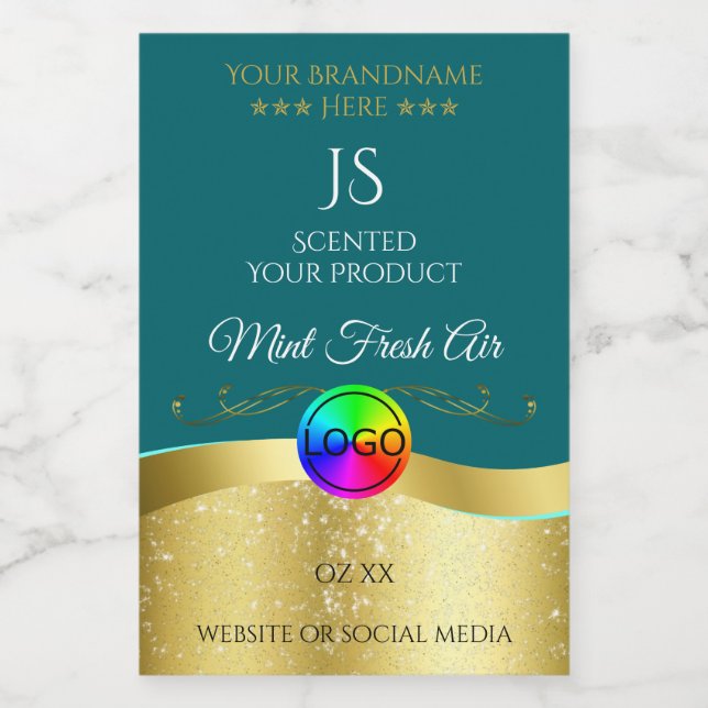 Noir Turquoise Wavy Gold Logo Monogramme Étiquette (Étiquettes simples)