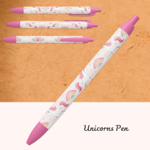 Noir Unicornes Dreamy, Arcs-en-ciel, Fleurs, Stylo mign