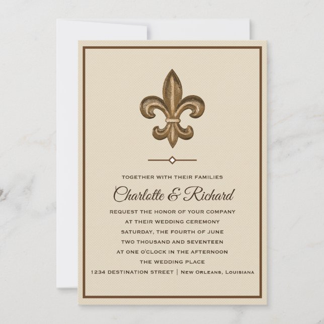 Nola Gold & Taupe French Fleur De Lis Wedding Invitation (Front)