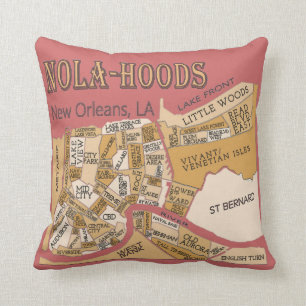 Nola-Hoods, New Orleans Neighbourhood Maps, Throw Pillow