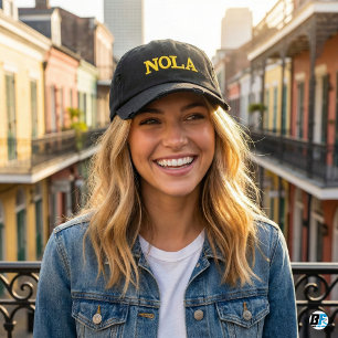 NOLA New Orleans Black and Gold Typography Embroid Embroidered Hat