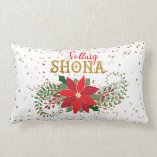 Nollaig Shona Gold Glitter Poinsettia Christmas Lumbar Pillow