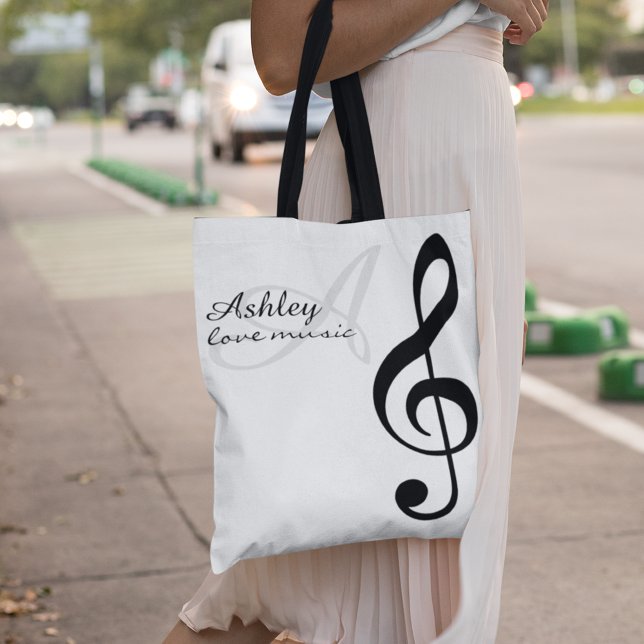 Nom & Black Treble Clef Music Sac fourre-tout (love music)