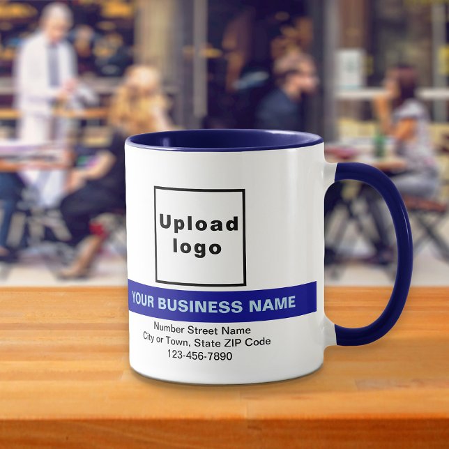 Nom commercial en surbrillance sur la Mug combo bl (Your business name with highlight, logo, address and phone number on navy blue combo mug.)
