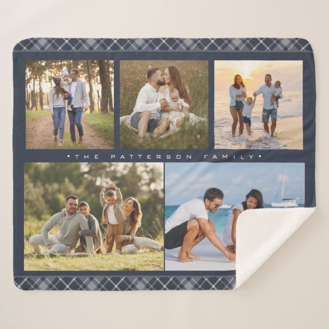 Nom de famille 5 Photo Collage bleu Plaid Moderne (Devant (Horizontal))
