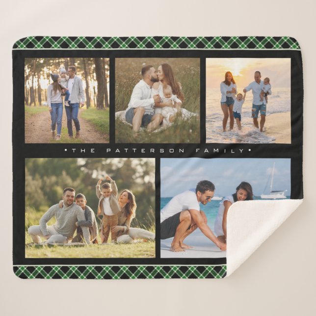 Nom De Famille 5 Photo Collage Vert Plaid Moderne (Devant (Horizontal))