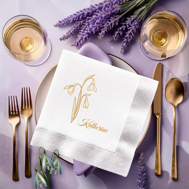 Nom de floraison hivernale des perce-neige  (Elegant Snowdrops Winter Floral and Name Stamped Foil Napkins)