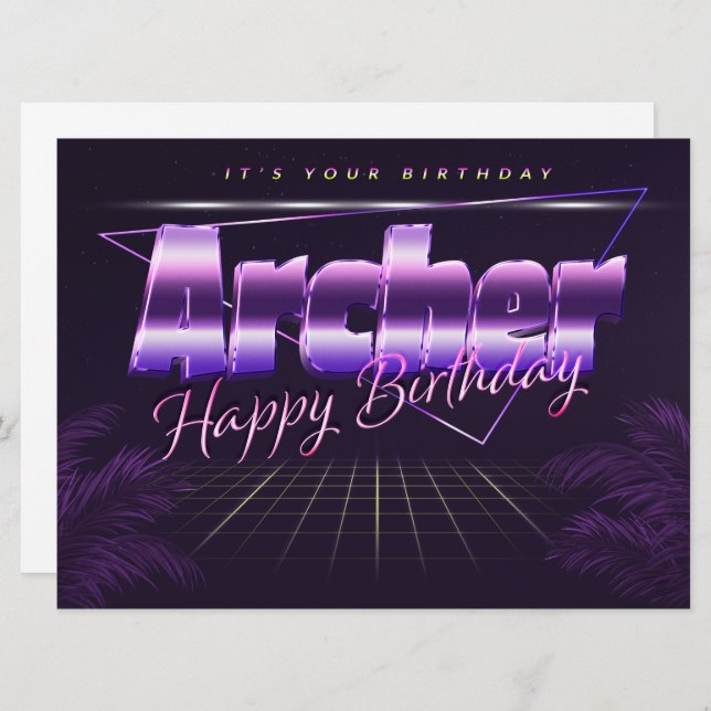 Nom de l'archer Prénom carte rétro lilas Anniversa (Devant / Derrière)