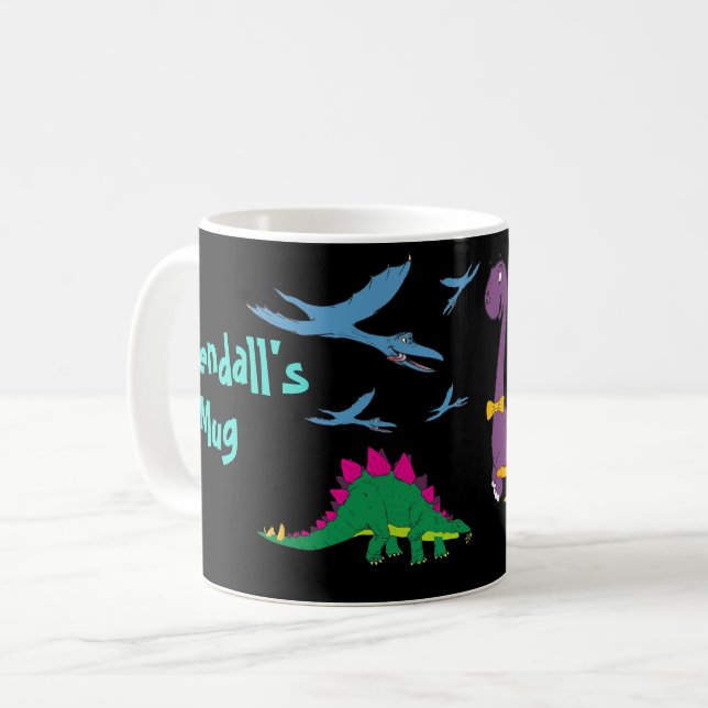 Nom de l'enfant coloré Dinosaures Mug noir (Devant gauche)