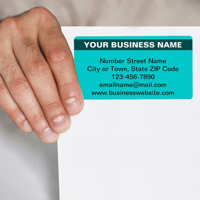Nom de l'entreprise en surbrillance sur l'expéditi (Teal green shipping label with your highlighted business name)