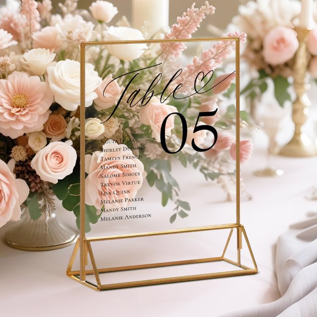 Nom de l'invité du script de coeur Numéro de table (Heart Script Guest Names Seating Table Number Acrylic Sign)