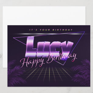 Nom de Lucy Prénom lila retro Carte Anniversaire