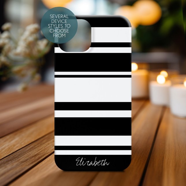 Nom de script de motif à rayures gras - noir blanc (Personalized Phone Case)