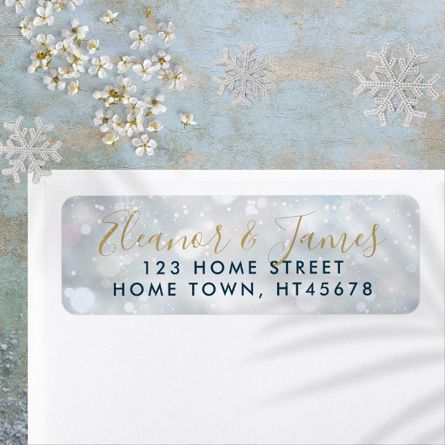 Nom de script doré Scène de neige d'hiver Adresse  (Gold Script Name Winter Snow Scene Return Address Label)