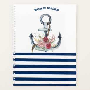 Nom du bateau, fleurs d'ancre bleu marine rayées 