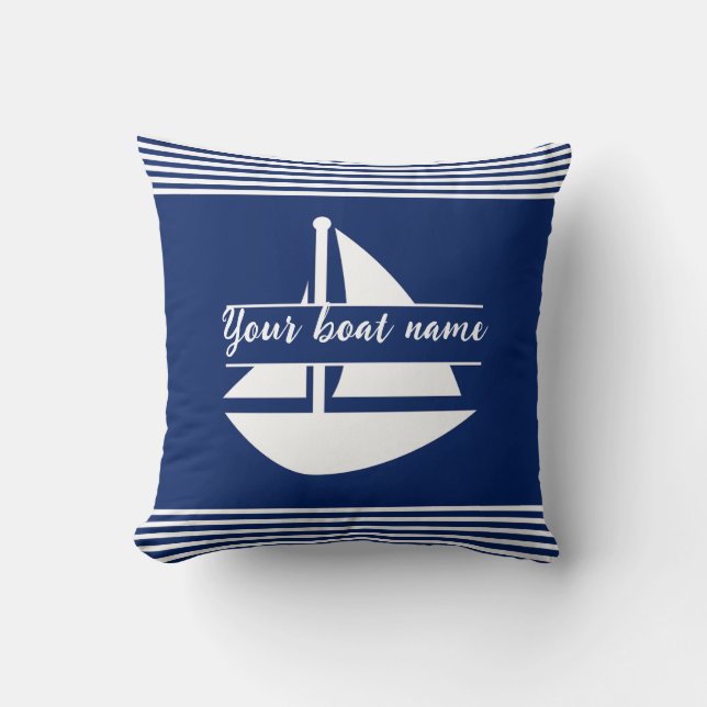 Nom du bateau personnalisé rayé Oreiller bleu mari (Recto)