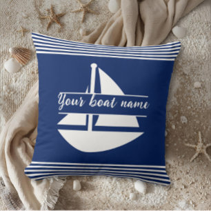 Nom du bateau personnalisé rayé Oreiller bleu mari
