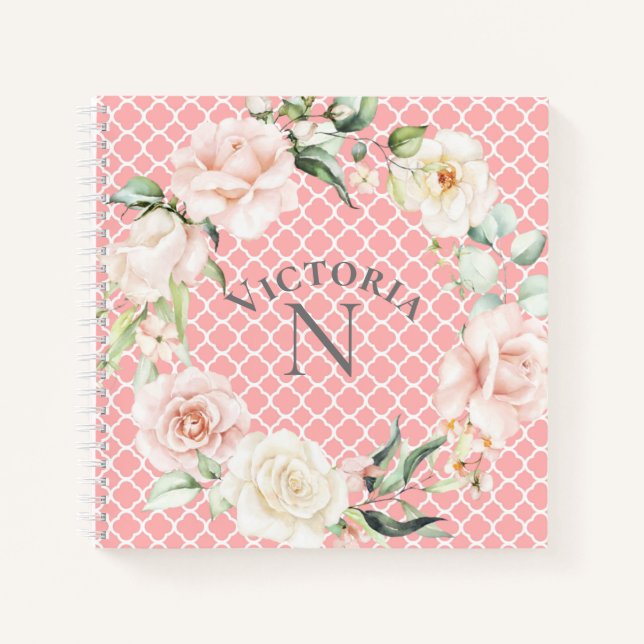 Nom du monogramme Aquarelle florale Carnet Damas (Devant)