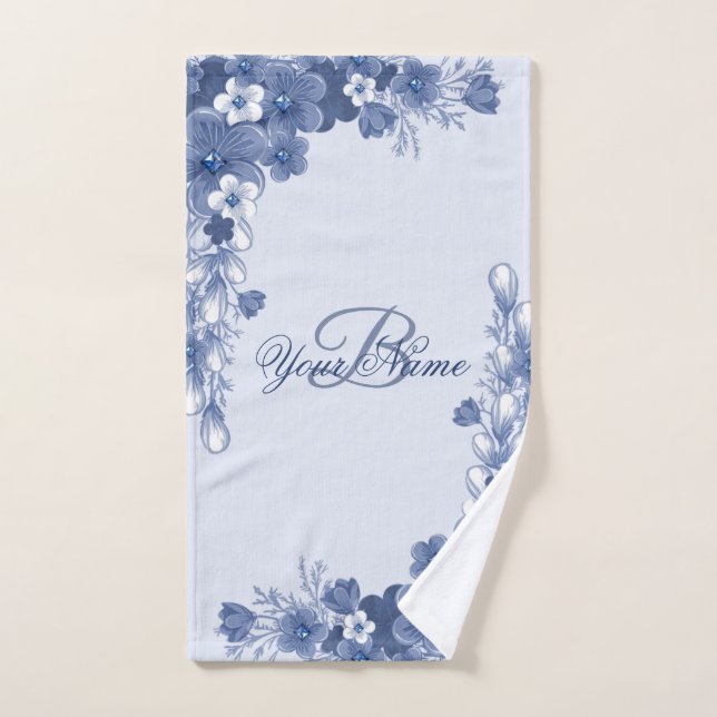 Nom du monogramme Cadeau Floral Bleu Élégant Rusti (Serviette à main)