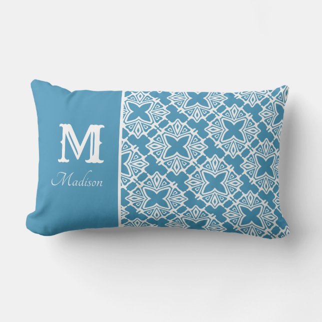 Nom du monogramme Coussin Lumbar Turquoise et blan (Recto)