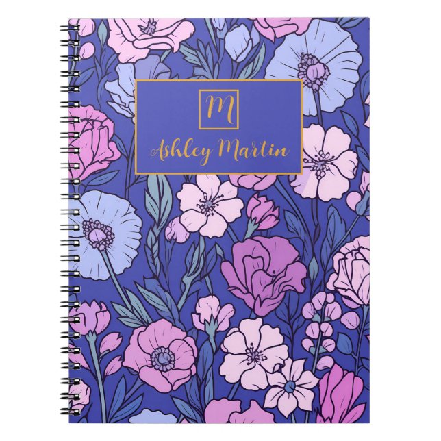 Nom du monogramme Motif floral Carnet personnalisé (Devant)