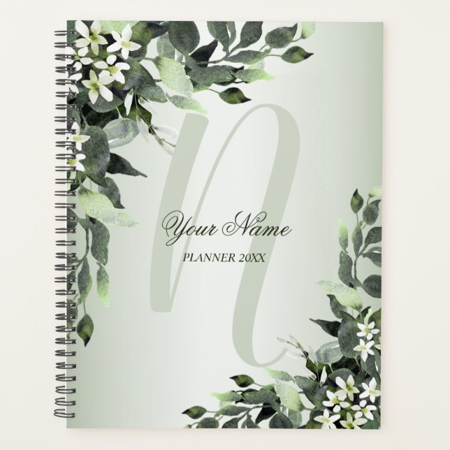 Nom du monogramme Vert Floral Eucalyptus Feuilles (Devant)