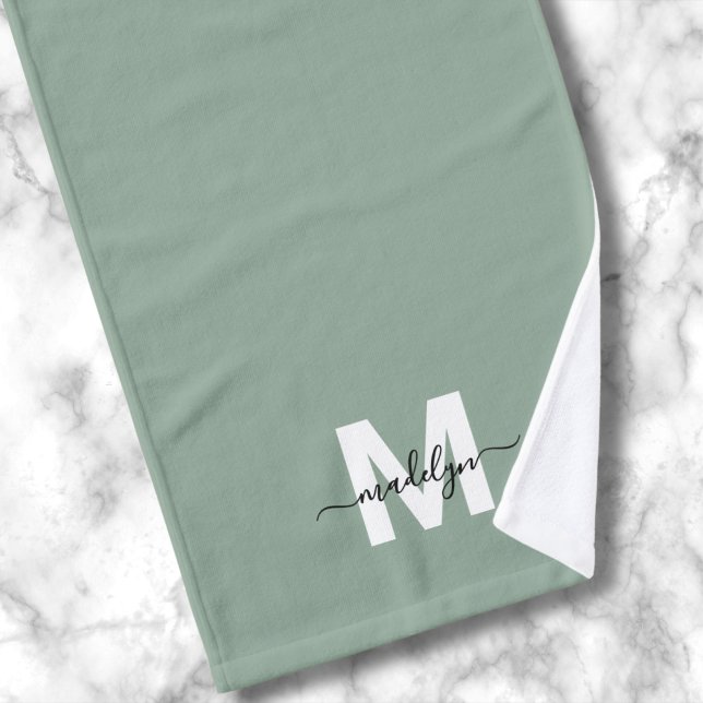 Nom du script vert Sage (Sage Green Script Name Monogram Hand Towel )