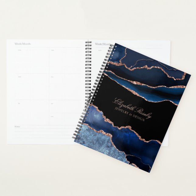 Nom élégant Marine Blue Rose Gold Geode Business (Devant avec enveloppe)