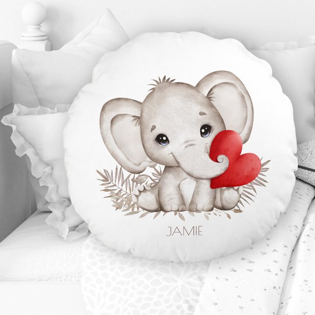 Nom Eléphant mignon Nursery Coussin rond (Cute Elephant Name Nursery Round Pillow)
