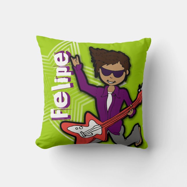 Nom enfant rockstar guitare vert & violet coussin (Recto)