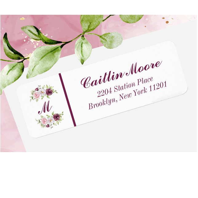 Nom floral & Adresse de retour Monogramme Étiquett (Créateur téléchargé)