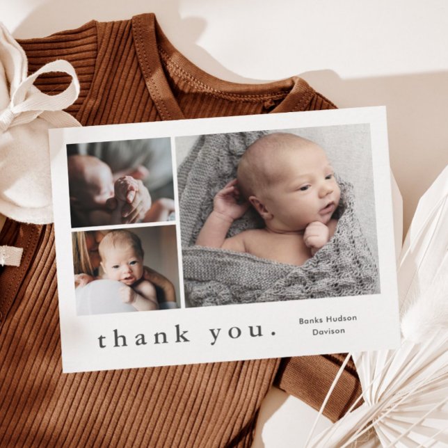 Nom moderne Photo Collage Carte de remerciements b (Simple typography black and white 3 photo collage thank you magnetic card.)
