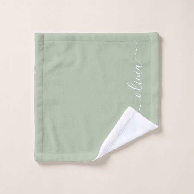 Nom Monogramme Féminin Écriture Moderne Vert Sauge (Gant de toilette)