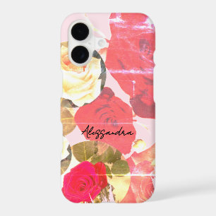 Nom Monogramme Floral Rétro Rouge Pastel Rose Crèm