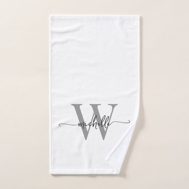 Nom Monogramme Gris Blanc Élégant Écriture Stylée (Serviette à main)