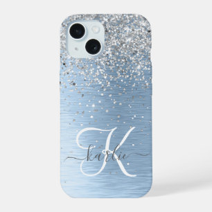 Nom Monogramme Paillettes Métal Brossé Bleu Argent