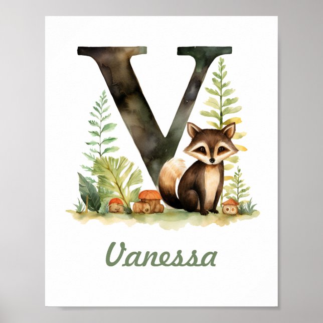 Nom monogramme Poster pépinière Lettre bois V (Devant)
