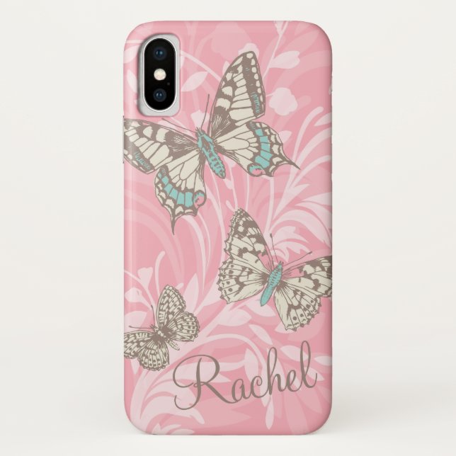 Nom papillons coque iphone rose floral (Dos)