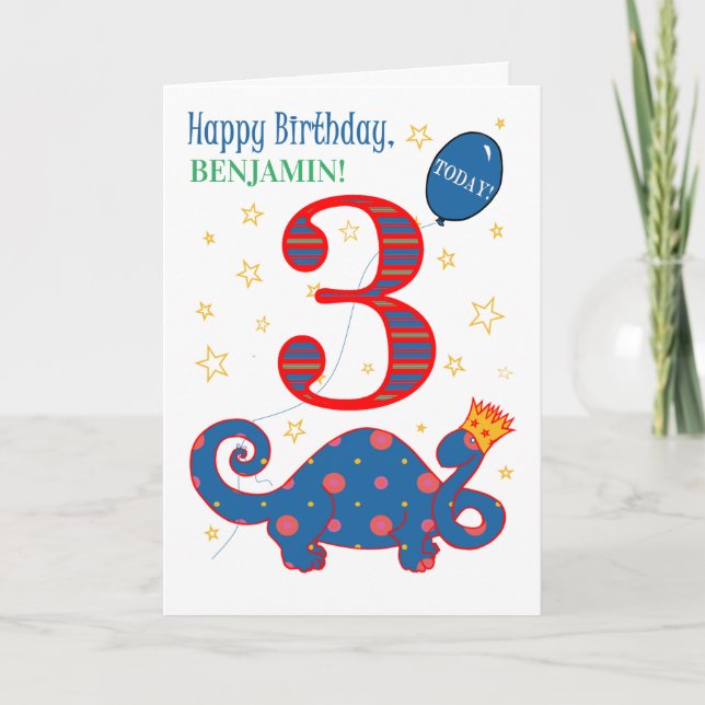 Nom personnalisé 3e anniversaire avec carte Dinosa (Devant)