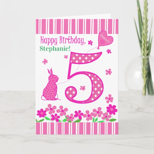 Nom personnalisé 5e anniversaire avec carte lapin  (Devant)