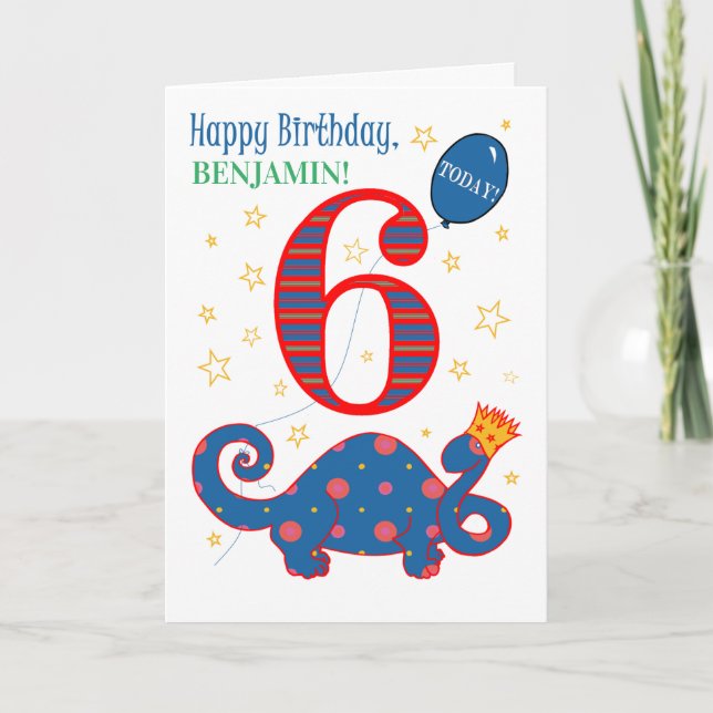 Nom personnalisé 6e anniversaire avec carte Dinosa (Devant)