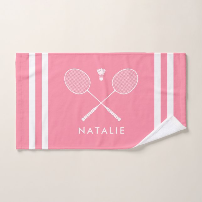 Nom personnalisé Badminton rose rayures (Serviette à main)