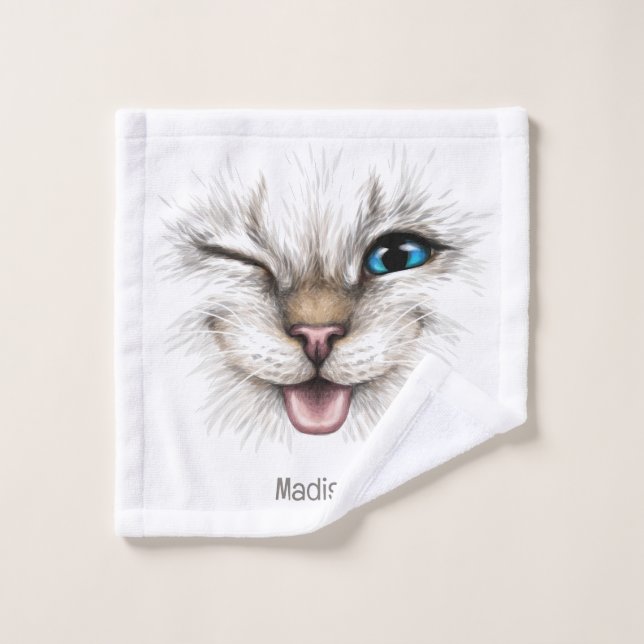 Nom personnalisé Chat à plume (Gant de toilette)