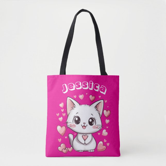 & Nom personnalisé Chibi Chat Sac fourre-tout avec (Devant)