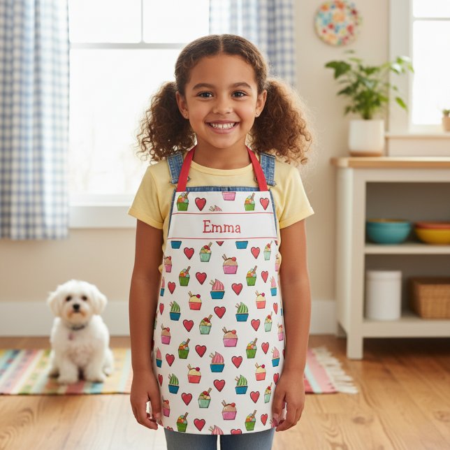 Nom personnalisé Coeurs et tablier de crème glacée (Adorable ice cream love kids apron with custom name. 🍨)