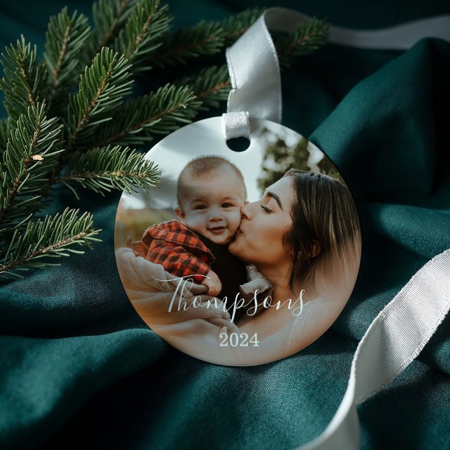 Nom personnalisé de la photo de famille minimale S (Minimal Family Photo Custom Name Script & Year Ornament)