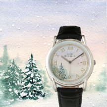Nom personnalisé Homme Montre en Cuir - Forêt neig