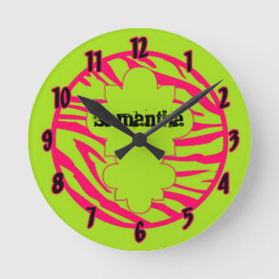Nom personnalisé Horloge Chaud Rose Lime Zèbre Imp