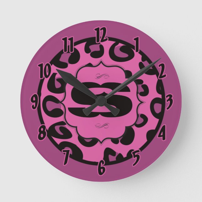 Nom personnalisé Horloge rose et léopard noir (Recto)