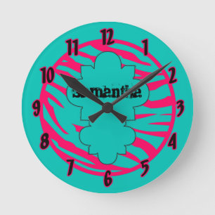 Nom personnalisé Horloge rose Turquoise chaud Zèbr